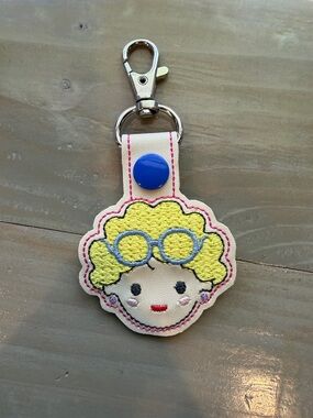 Cute Girl Embroidered Leather Keychain - Yellow